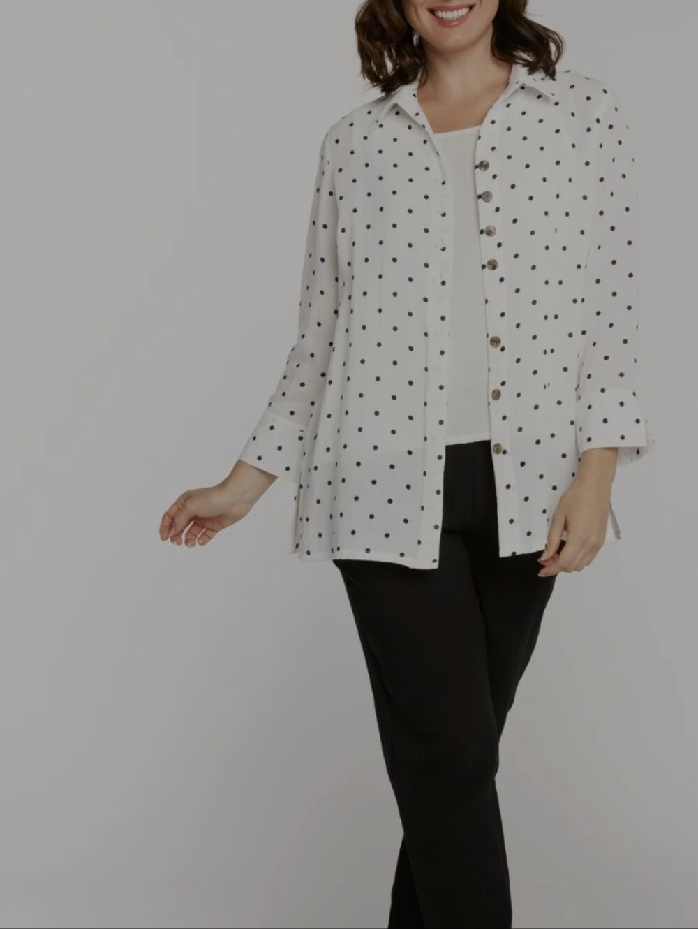 Fridaze ELEANOR 100% Linen Classic White Polka Dot Button-Up Shirt point collar